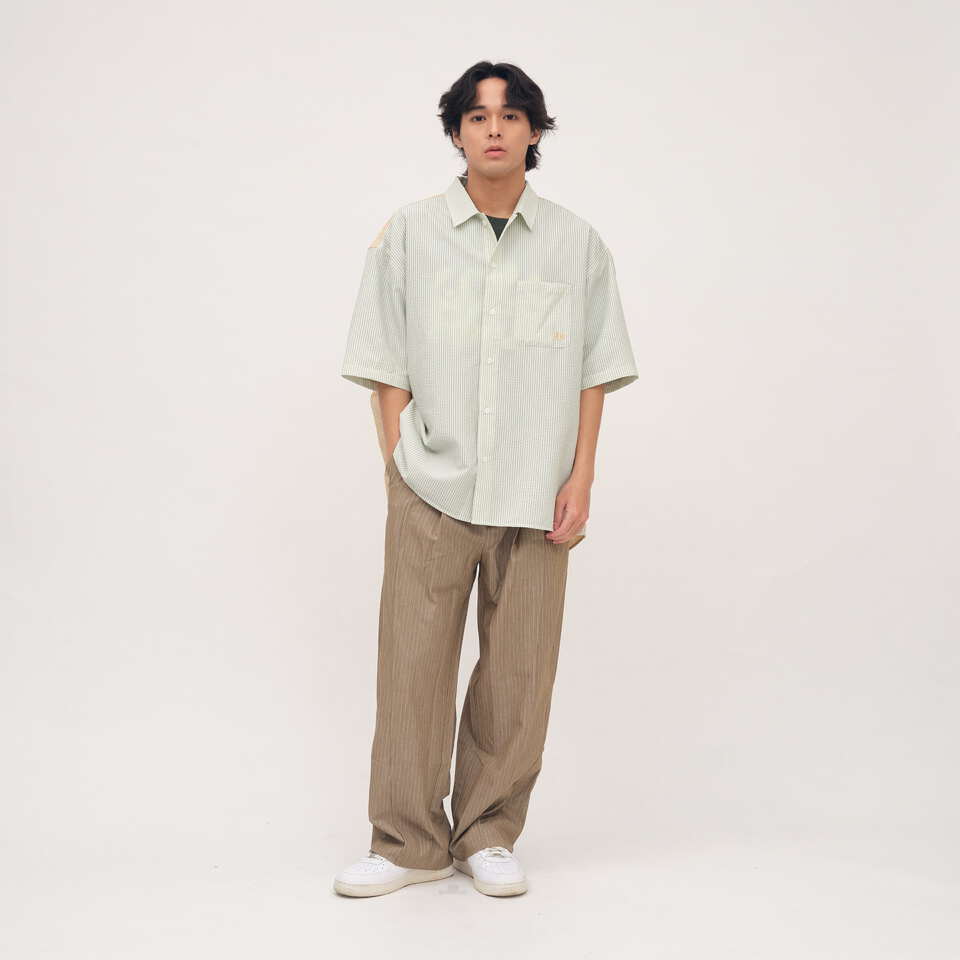 泡泡紗拼接條紋襯衫